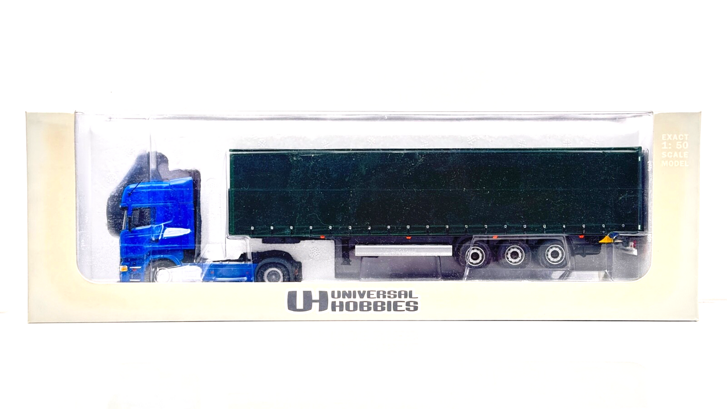 UNIVERSAL HOBBIES 1/50 - SCANIA TRUCK & TRAILER BLUE CAB / GREEN TRAILER - BOXED