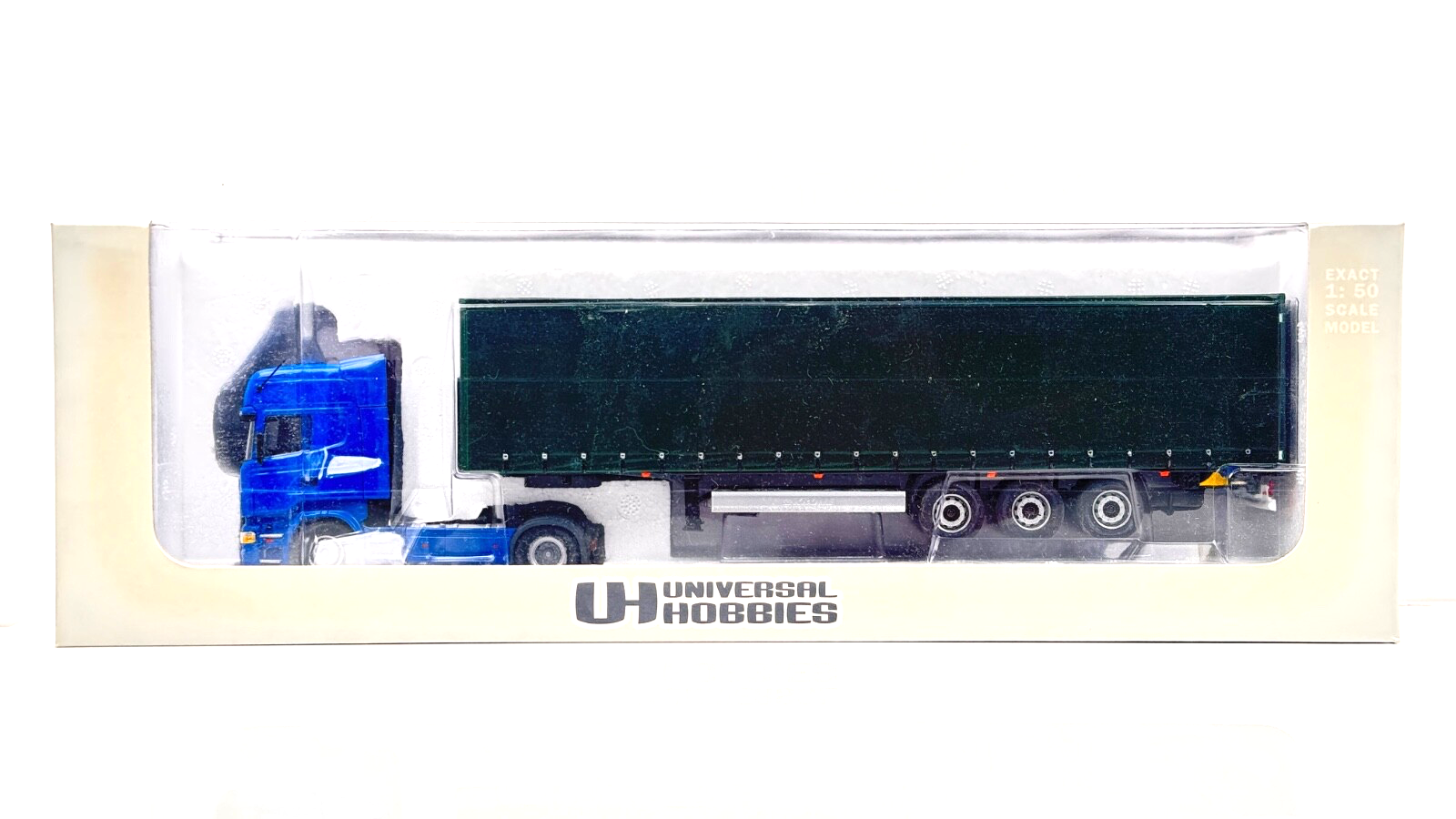 UNIVERSAL HOBBIES 1/50 - SCANIA TRUCK & TRAILER BLUE CAB / GREEN TRAILER - BOXED