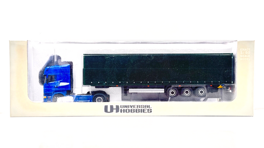 UNIVERSAL HOBBIES 1/50 - SCANIA TRUCK & TRAILER BLUE CAB / GREEN TRAILER - BOXED