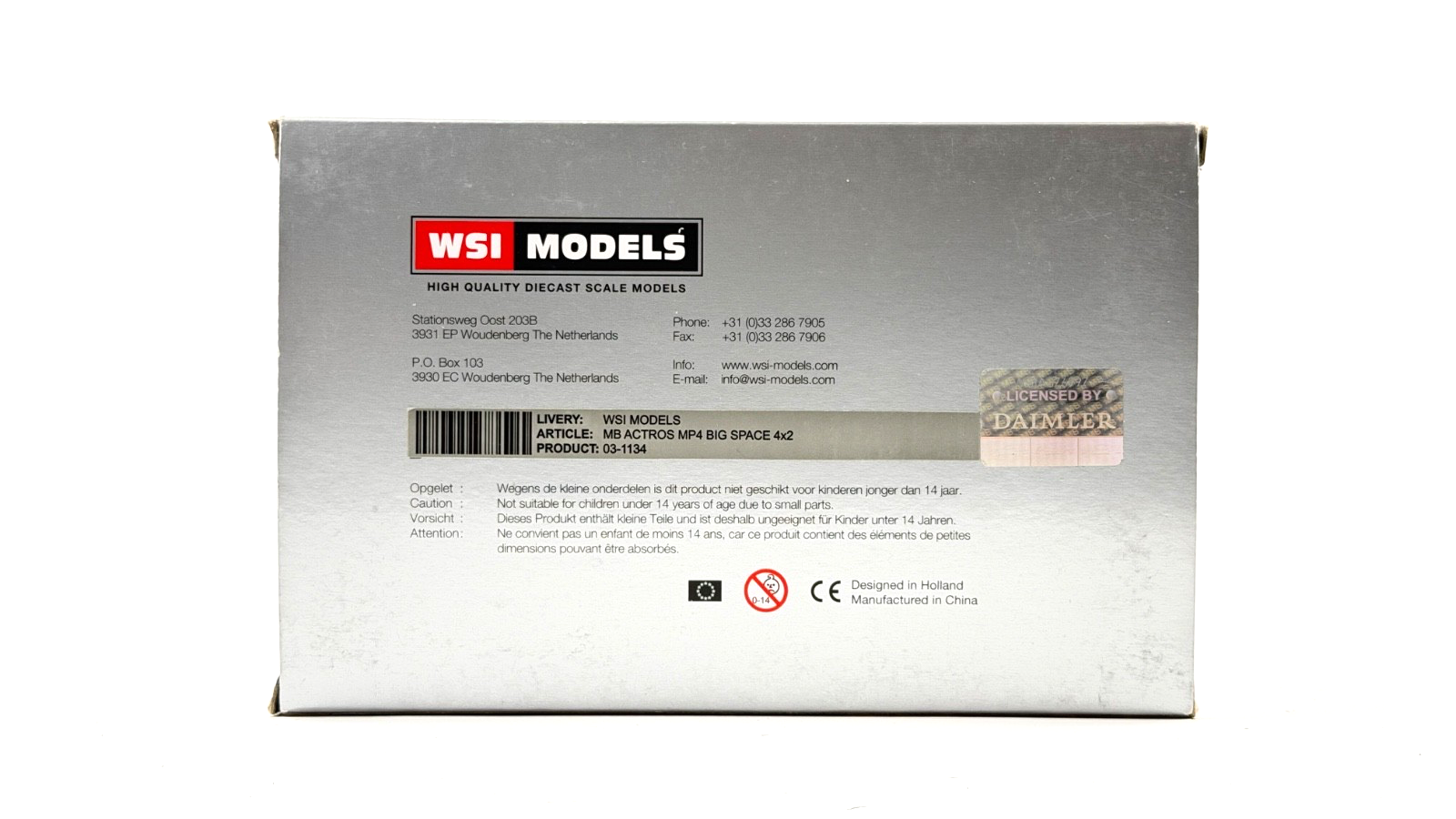 WSI 1/50 SCALE - 03-1134 - MERCEDES ACTROS MP4 4X2 PLAIN WHITE TRACTOR CAB BOXED