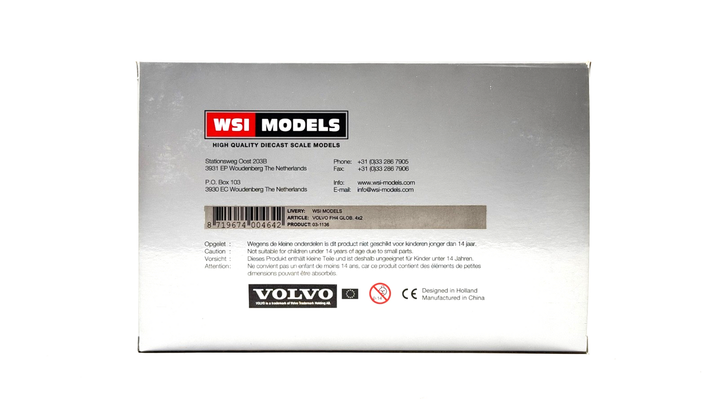 WSI 1/50 SCALE - 03-1136 - VOLVO FH4 GLOB. 4X2 PLAIN WHITE TRACTOR CAB BOXED