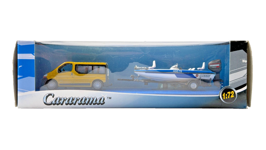 CARARAMA 1/72 SCALE - RENAULT TRAFIC MINIBUS YELLOW WITH SPEEDBOAT - BOXED