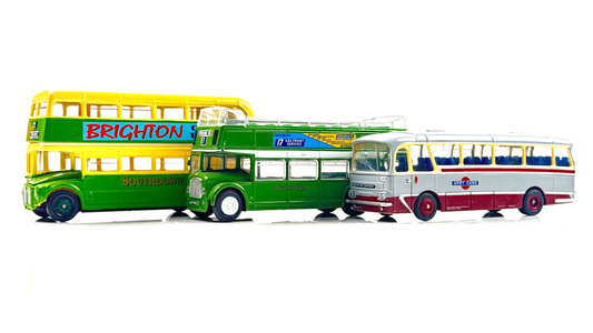 EFE/EQUIVALENT 1/76 SCALE - 3 X BUSES GREY CARS HARRINGTON CAVALIER & SOUTHDOWN