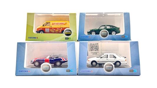 OXFORD DIECAST 1/76 SCALE - 4 X VEHICLES VECTRA JAGUAR E TYPE SIERRA HOT DOGS